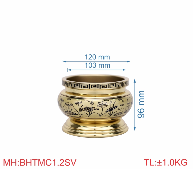 Bát hương trơn miệng cạnh 1T2 sen vàng